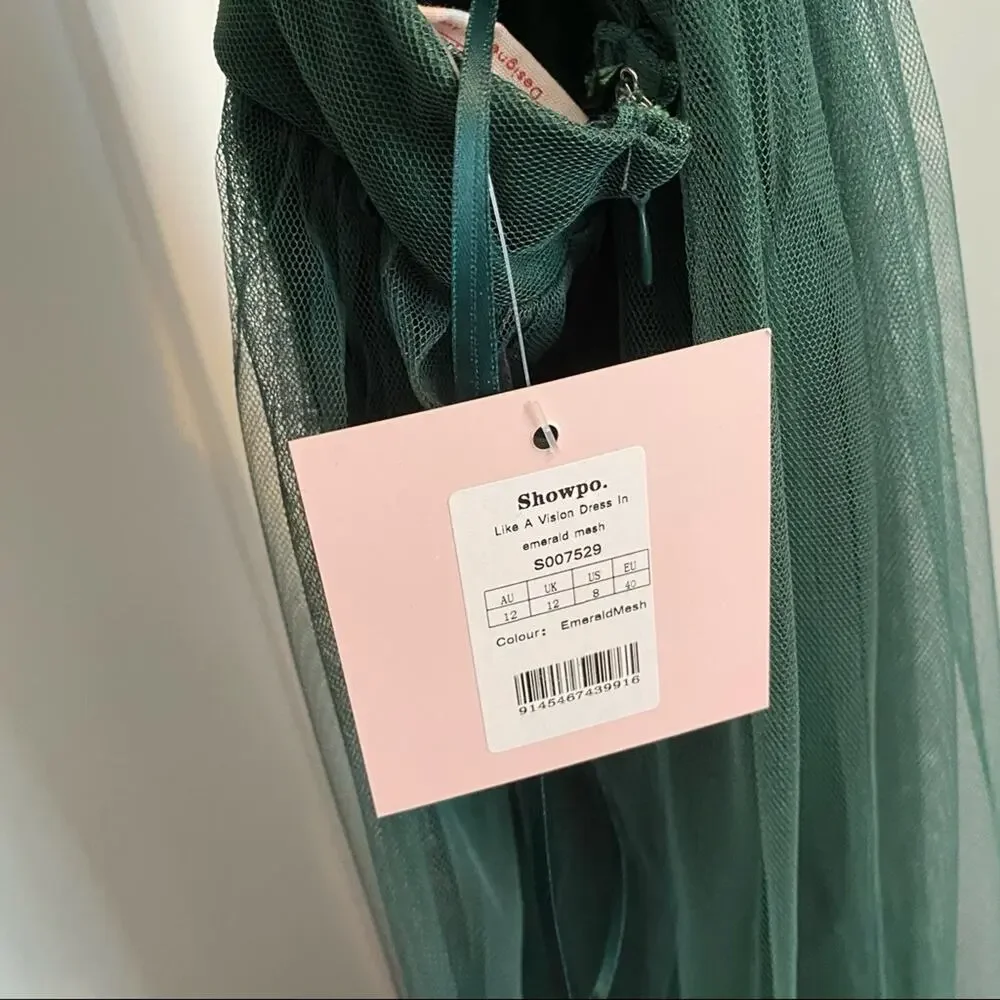 NWT Showpo Women's Like a‎ Vision Emerald Mesh High Slit Spaghetti Strap Gown 8 - Picture 7 of 11
